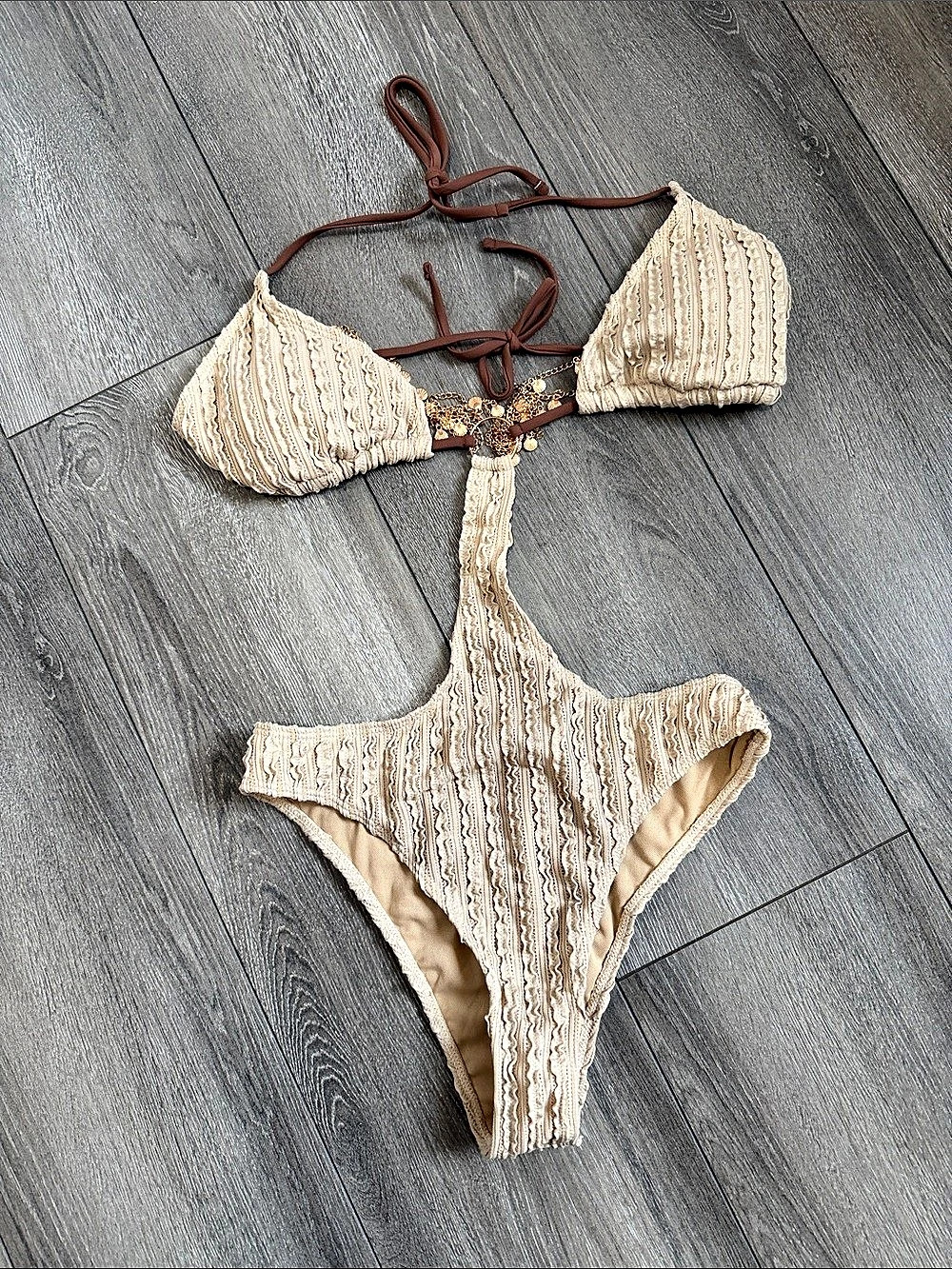 Cream & Brown Fringe Bikini Size Medium